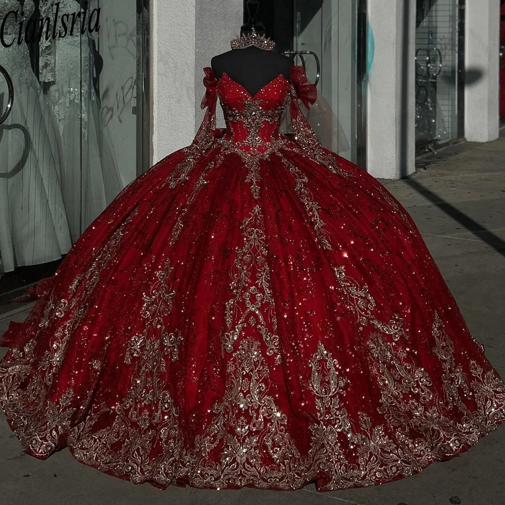 

Burgundy Quinceanera Dresses Flower Appliques Princess Birthday Party Gown Vestidos de 15 años