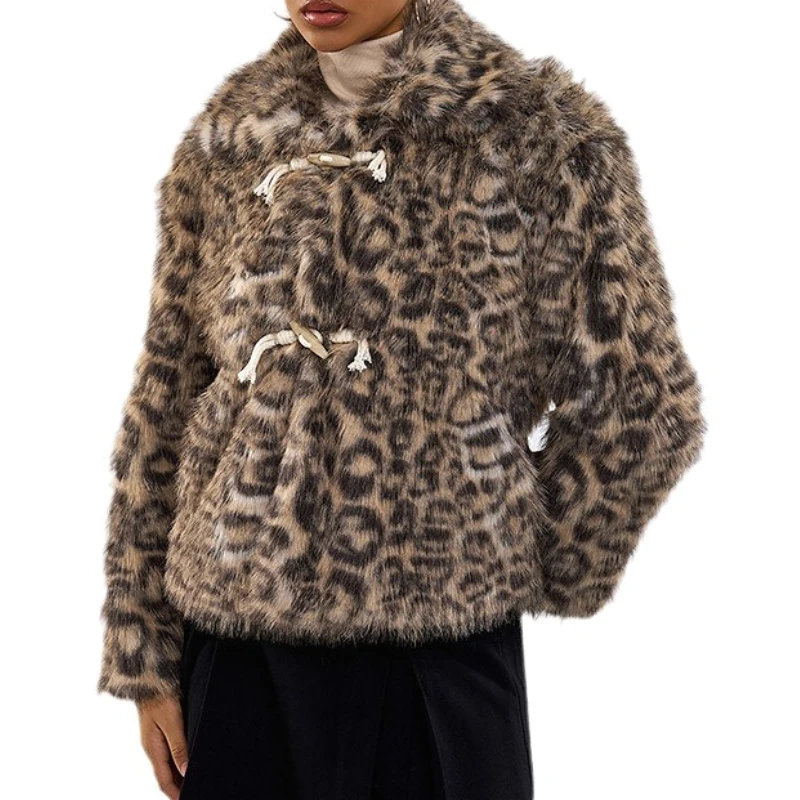 Abrigos de piel sintética para mujer, abrigo de manga larga con estampado de leopardo, grueso y cálido, ropa de calle Y2k, chaquetas elegantes de punto abierto 2025