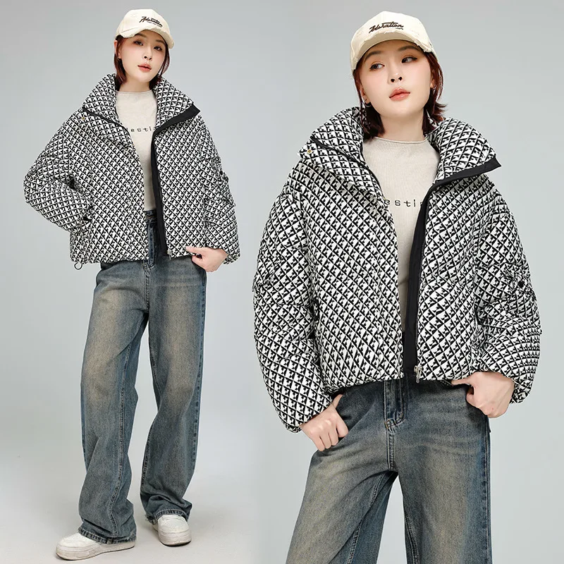 

Printed Female's Winter Padded Coat Color Blocked Stand Collar Button Cropped Quilted Jacket For Lady Casual Women's Thermal Top
