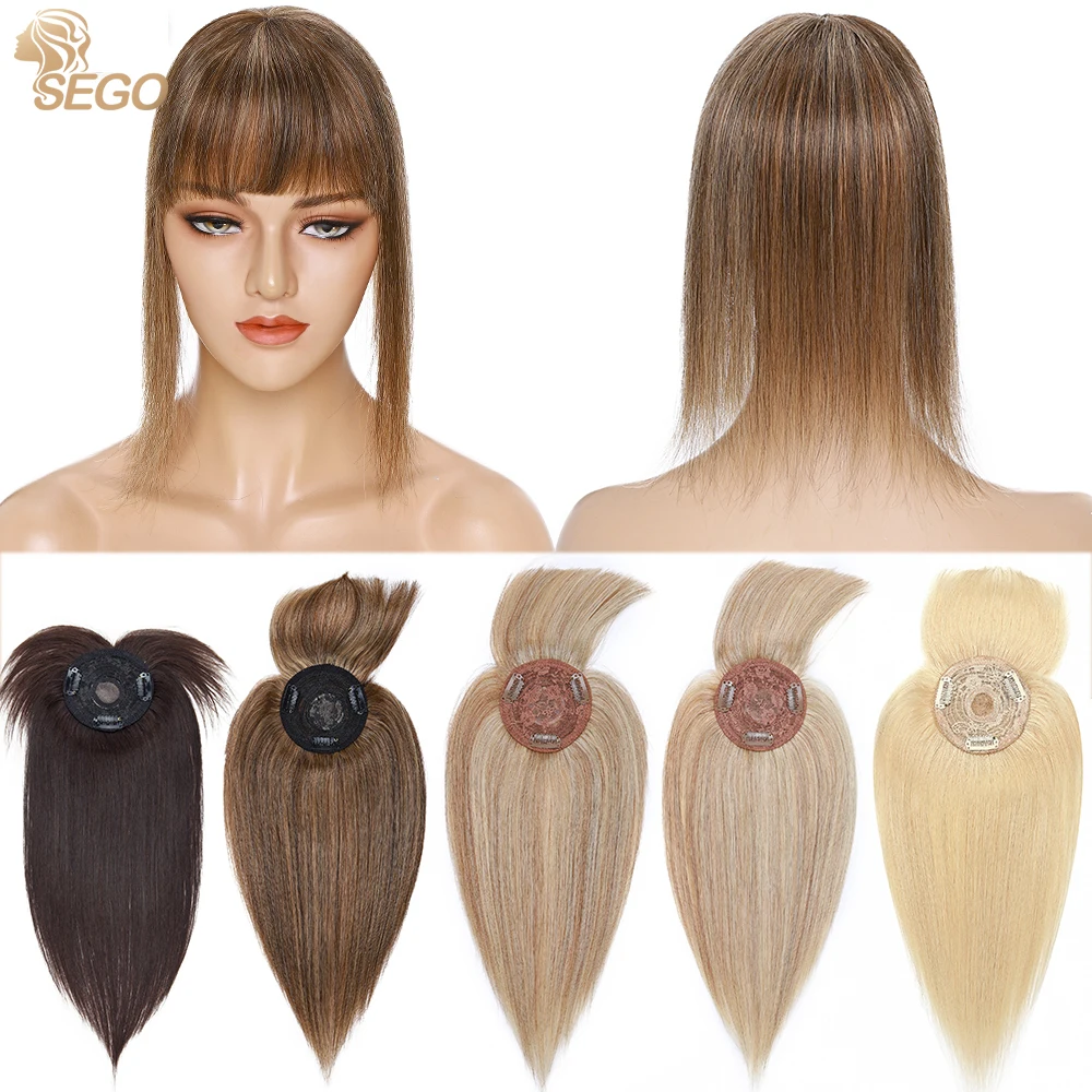 

SEGO 8.5x8.5cm Straight Human Hair Topper Natural Hairpieces with Bangs for Women Mono Base Small Thin Hair Piece Clips ins