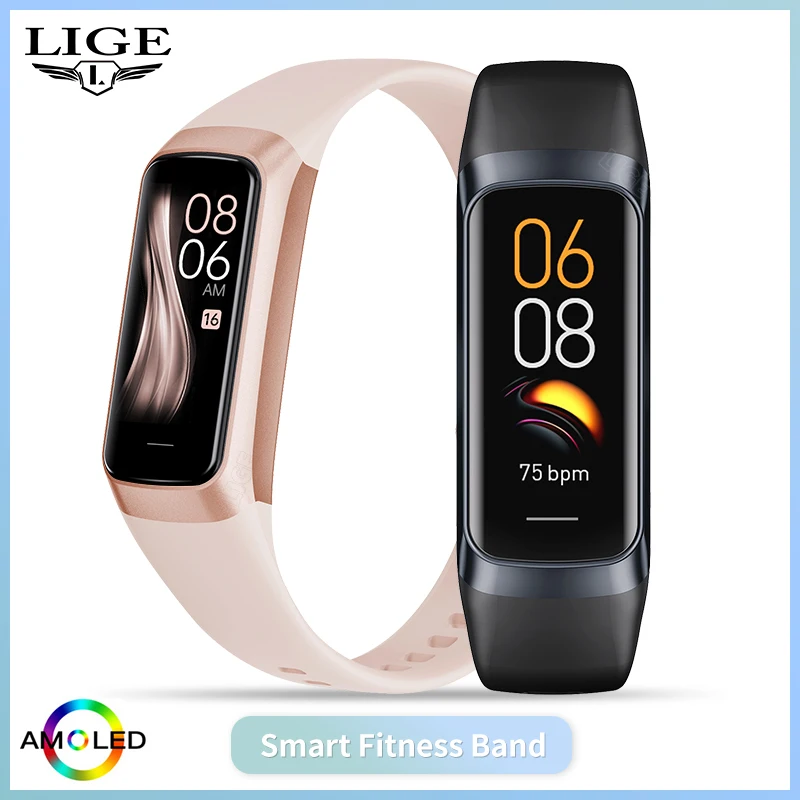 

LIGE New Smart Fitness Band Men Women AMOLED Clock Temperature Blood Oxygen Pressure Smartwatch Waterproof Watch For IOS Android