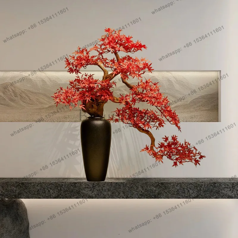 

Artificial Green Plant Maple Leaf Welcoming Pine Bonsai Solid Wood Entrance Office Tea House Decoration