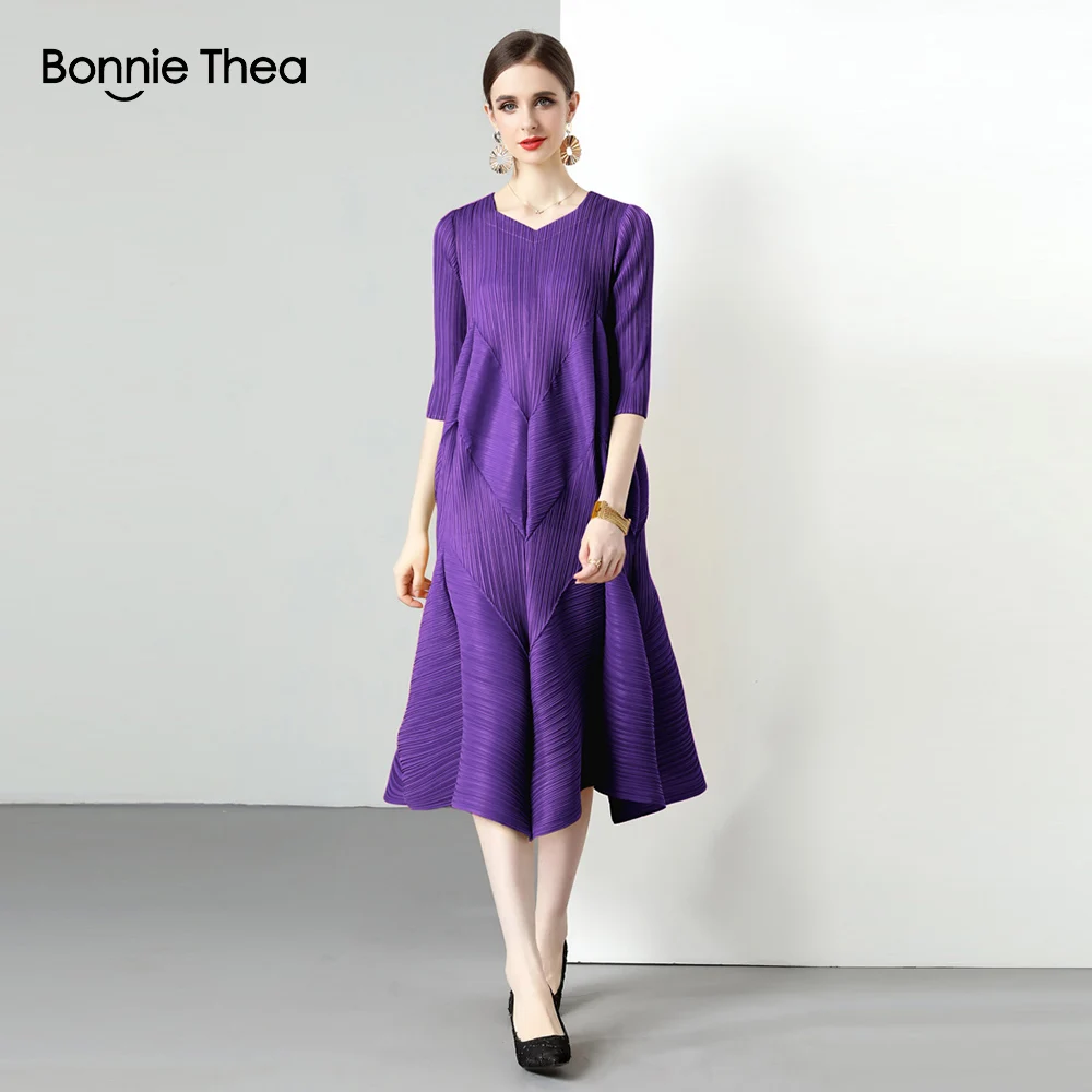 2023 Autumn New Flower Bud Dress Women's Miyake Solid Pleated Three Quarter  Vintage Party Office Midi Dress