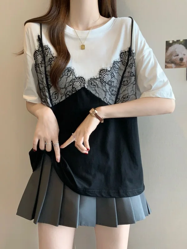 Lace Trim Short Sleeve T-Shirt Women's Loose Belly Covering Fashionable Top Summer Casual Korean Style round Neck Tee