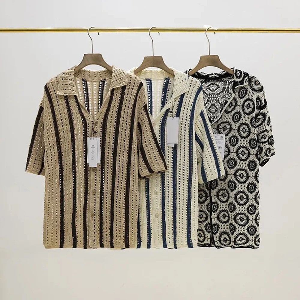 Mens Hollow Out Color Block Stripe Casual Knit Shirt Summer Streetwear Fashion Youth Breath Beach Vacation Short Sleeve Top 2026
