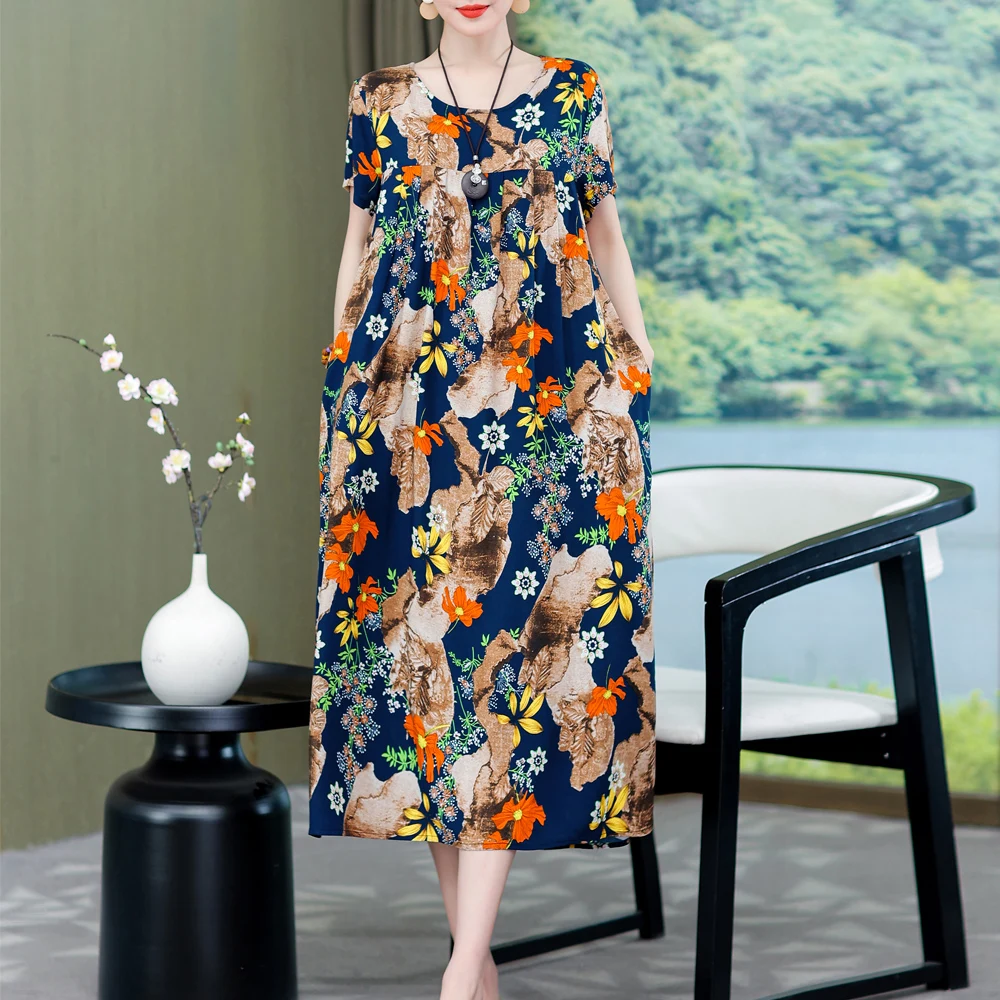 New Fashion Summer Dresses For women 2023 Casual Print Long Dresses O-neck Short Sleeve Vintage Maxi Dress Plus Size