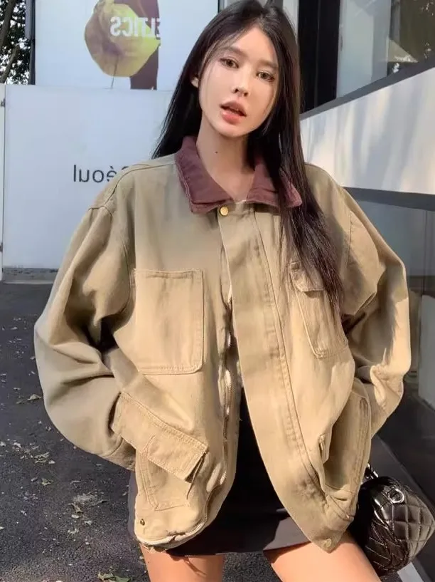 

Женская джинсовая куртка Color Blo с воротником, свободного кроя, средней длины, повседневная, для поездок на работу, модная, на молнии