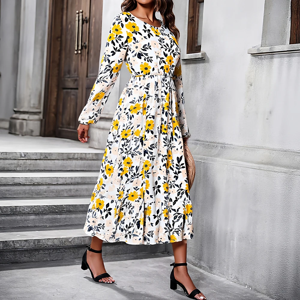 Mia Muse Autumn Dresses 2025 Women's Full Print Long Sleeve Round-Neck Nipped Waists A-Line Basics Midi Dresses