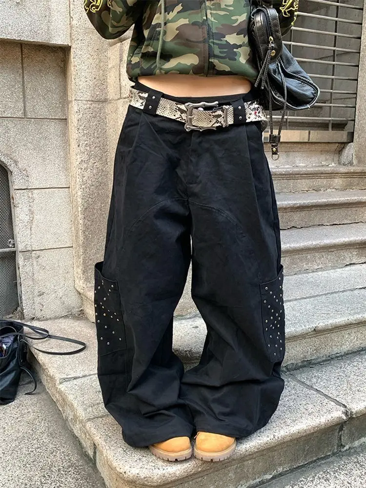 

Женские брюки Gagarich 2026 в американском ретро-стиле с заклепками, пэчворком и карманами, свободные, расслабленные, в пол, для работы