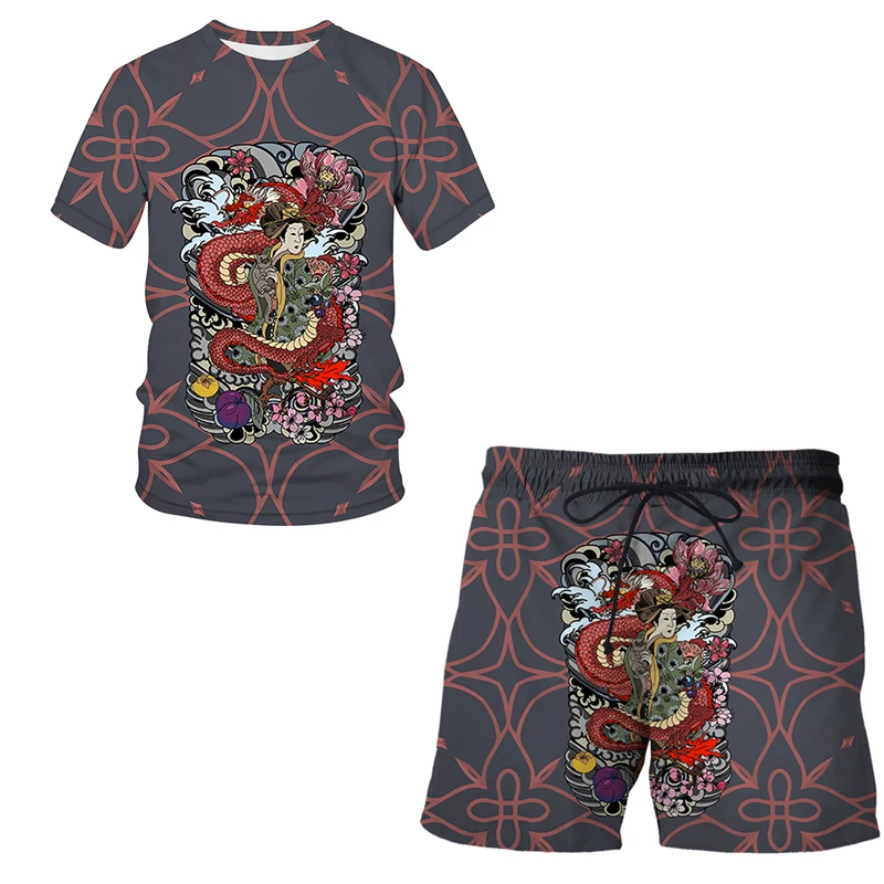 2022 New Summer Boys Clothes Chinese dragon totem 3D Tops Set 2pcs Children Clothing Suit Harajuku Short Sleeve Clothes Set