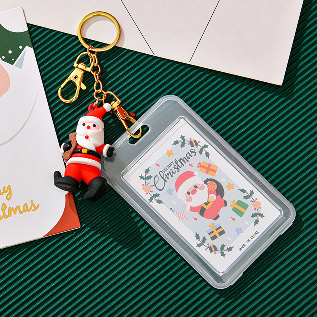 Cute Christmas Keychain with ID Card Holder Santa Claus Reindeer Snowman Tree Charm Transparent Badge Case Holiday Gift