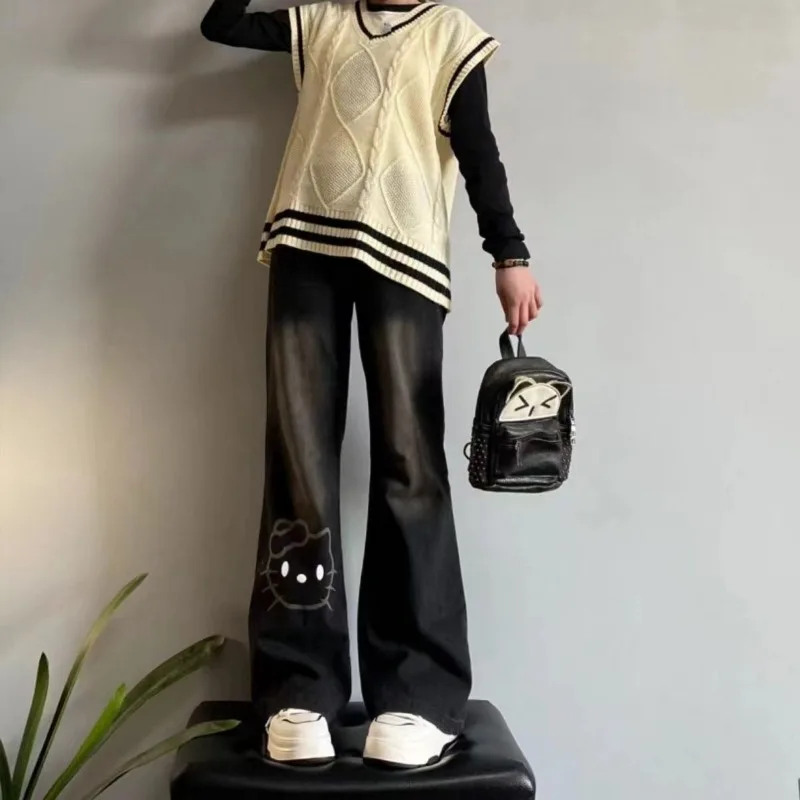 Sanrio Hello Kitty 2025 nouveaux enfants jean Kawaii filles automne taille haute noir jambe large pantalon droit vacances cadeaux d'anniversaire