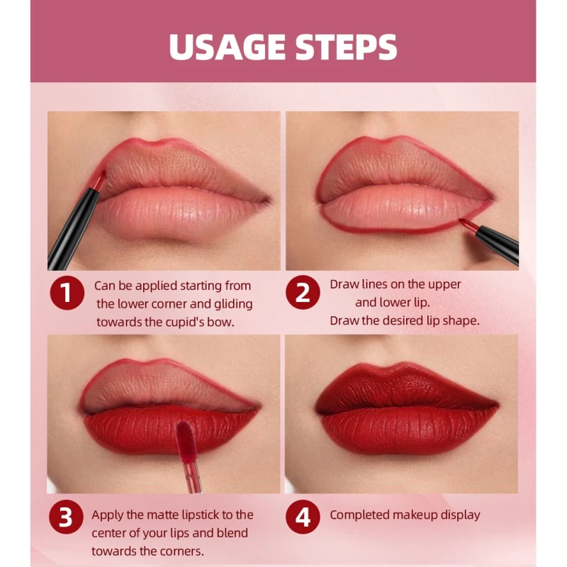 6 Colors Double-end Lip Gloss Waterproof Lipstick Pen Long Lasting Sexy Red Lipgloss Beauty Matte Lip Liner Pen Lips Makeup