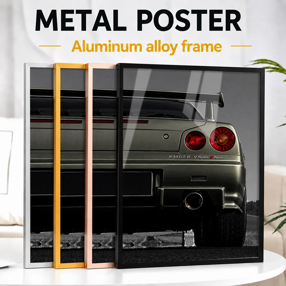 Japanese R34 GT-R V-Spec II Nür Millennium Jade Sports Car Framed Metal Poster Customized Speed Culture Wall Art For Game Room