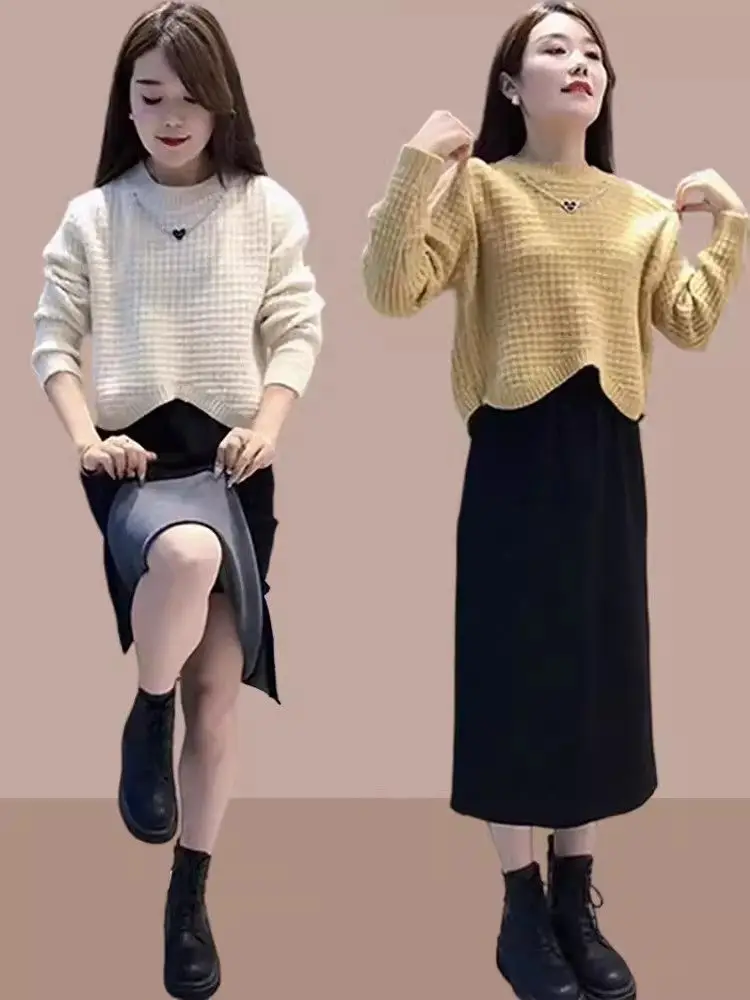 

Faionable Knitted Two-Piece Set for Women round Ne Long Sve Top And f Skirt Ele Age-Defng Spring Autumn Wear