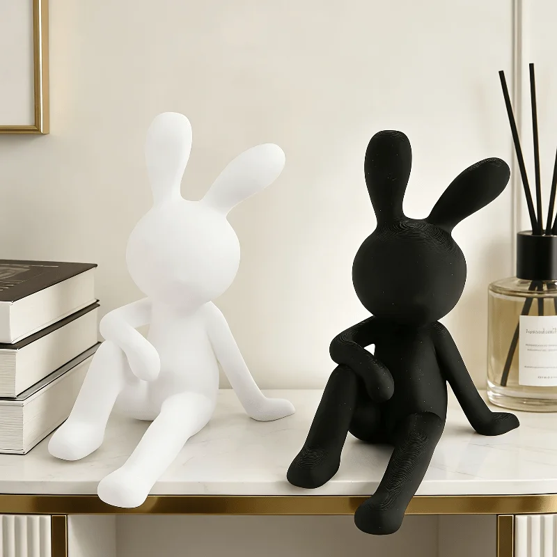 3 Pcs Minimalist Faceless Sitting Rabbit Figurine Set Matte Black White Resin Long Ear Bunny Statue Nordic Modern Table Shelf