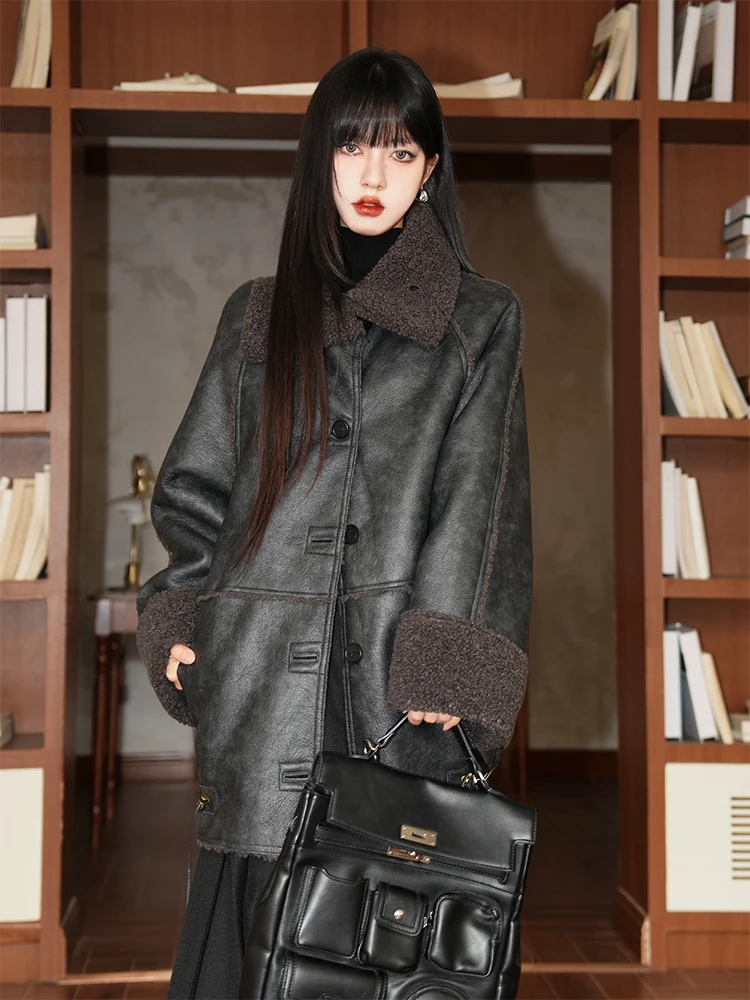 

Retro Sle Fce Lined ort Puffer Jaet Women's Thiened Casual Leather Coat Vintage Flip Collar Eco Friendly Fur Integ...