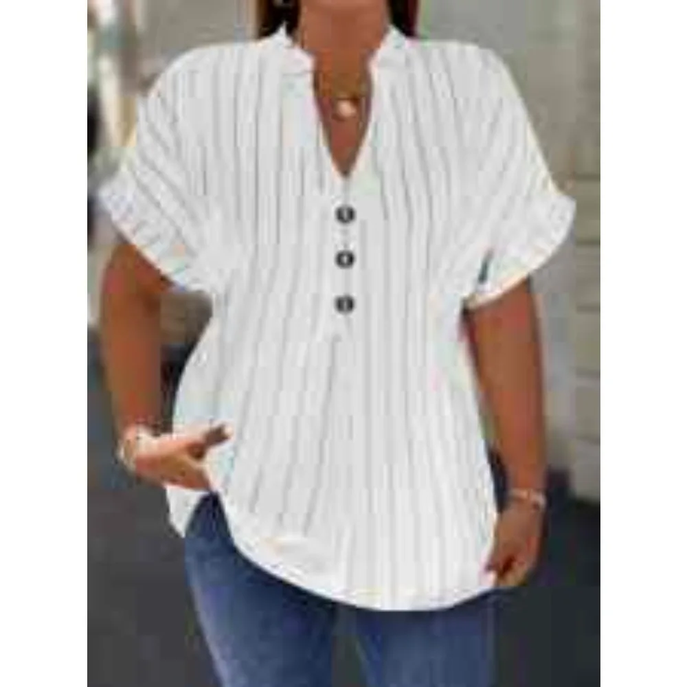 Camicia a maniche taglie forti primavera estate Scollo a V Top a pipistrello con bottoni Strisce verticali Abbigliamento intimo autunnale e invernale da donna slim fit