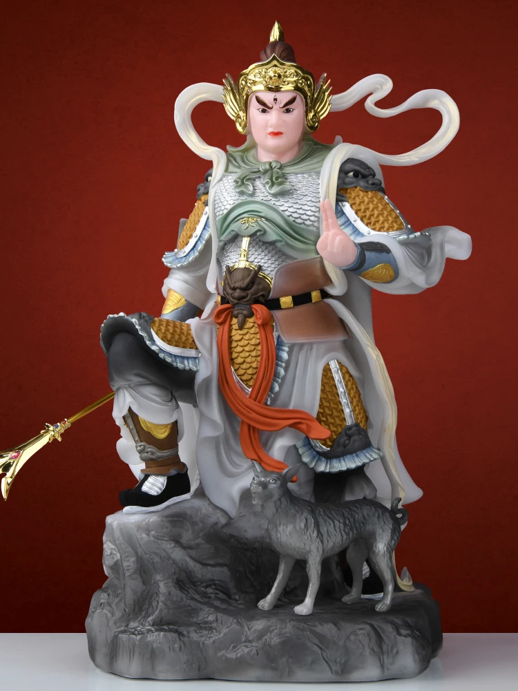LTT white marble painted Erlang God Yang Jian statue ornament Howling Celestial Dog standing statue household offering