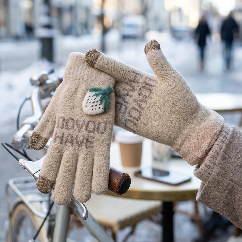 Winter Gloves Fleece Lined Strawberry Knit Touchscreen Hand Warmers Windproof Elastic Cuff for Outdoor Cycling Driving