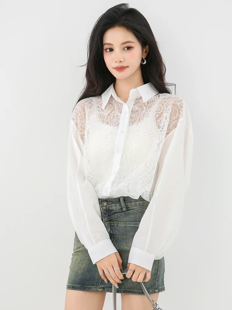 2025 sommer Weiß aushöhlen Spitze hemd Frauen Mode Patchwork langarm bluse Oversize tops Vintage INKEO 5T 077