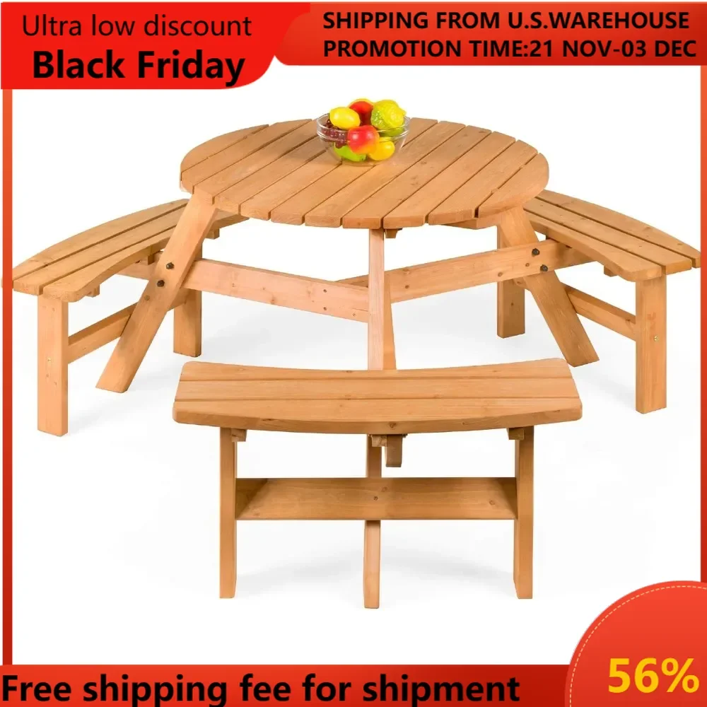 6-Person Circular Outdoor Wooden Picnic Table for Patio, Backyard, Garden, DIY w/ 3 Built-in Benches, 500lb Capacity - Natural