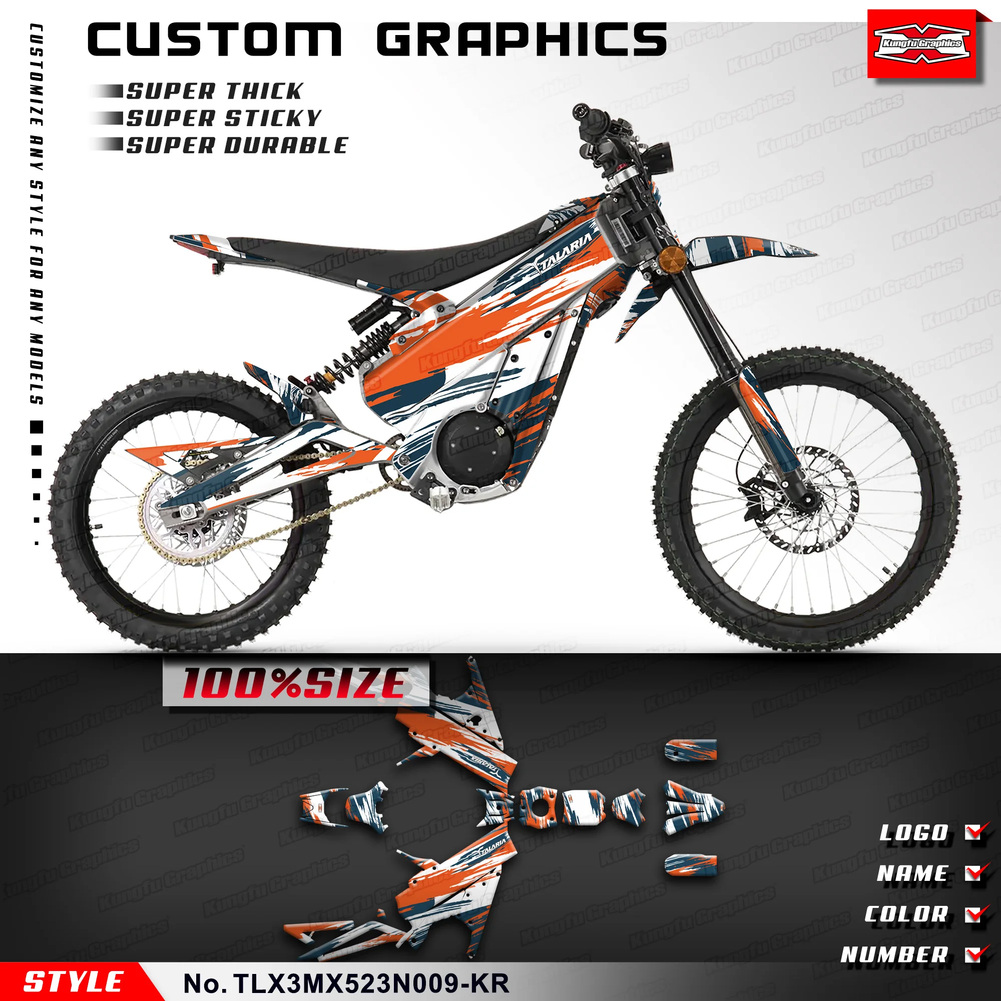 

KUNGFU GRAPHICS Off Road Stickers Enduro Decals Kit Vinyl for TALARIA X3 Electric Dirt Bike, Orange (Style No.TLX3MX523N009-KR)