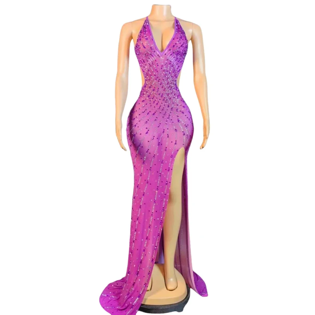

Purple Backless Sexy Long Dress For Women Sleeveless Rhinestone Stunning Dressy Drag Queen Costume Night Evening Prom Party Wear
