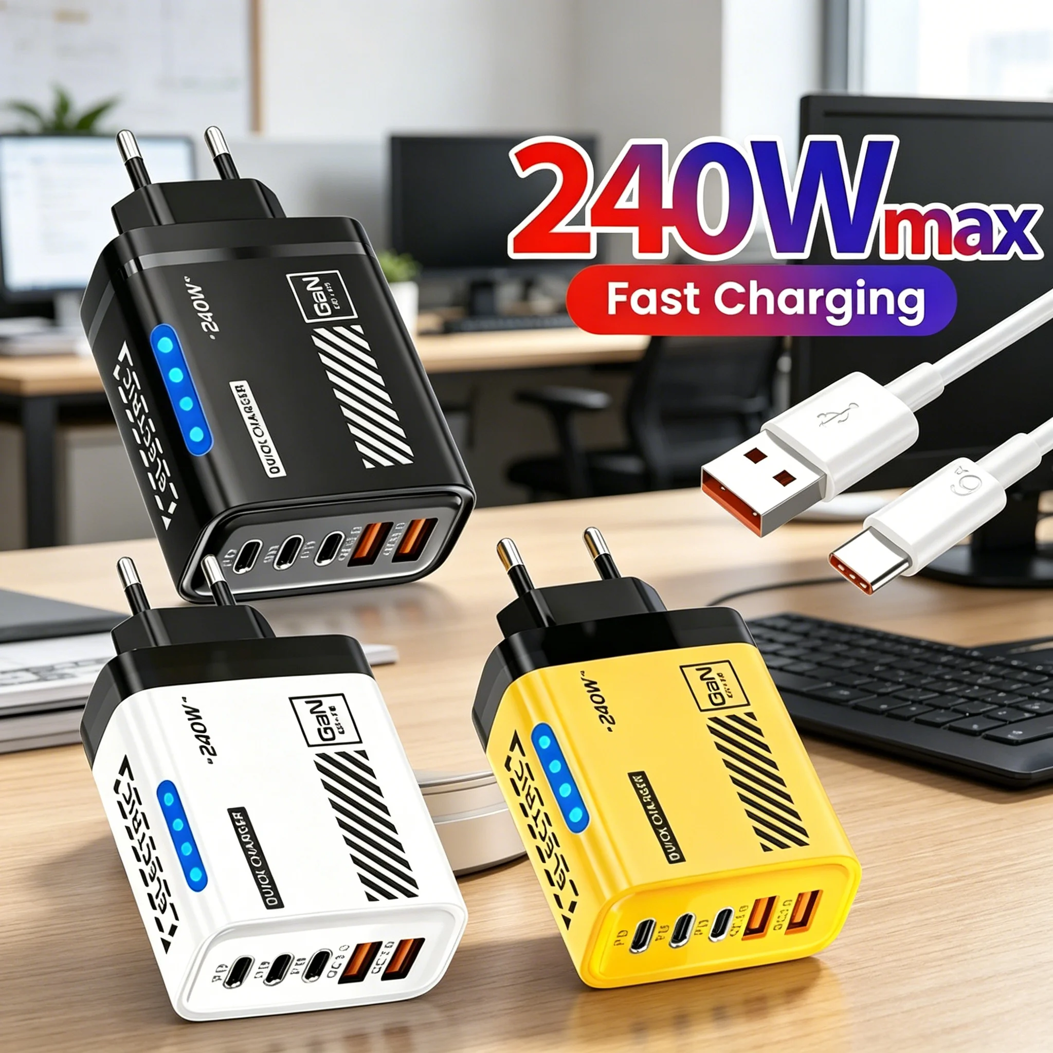 

Зарядная станция 3PD 2USB 240W GaN с 5 портами для быстрой зарядки iPhone 17 16 15 Pro, Samsung, Xiaomi, адаптер для розеток EU/US с кабелем