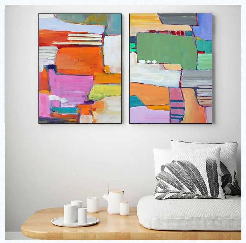Colorful Geometric Heavy Brush Stroke Contemporary Handmade Knife Palette Abstract Large Modern Thick Textured Painting Wall Art