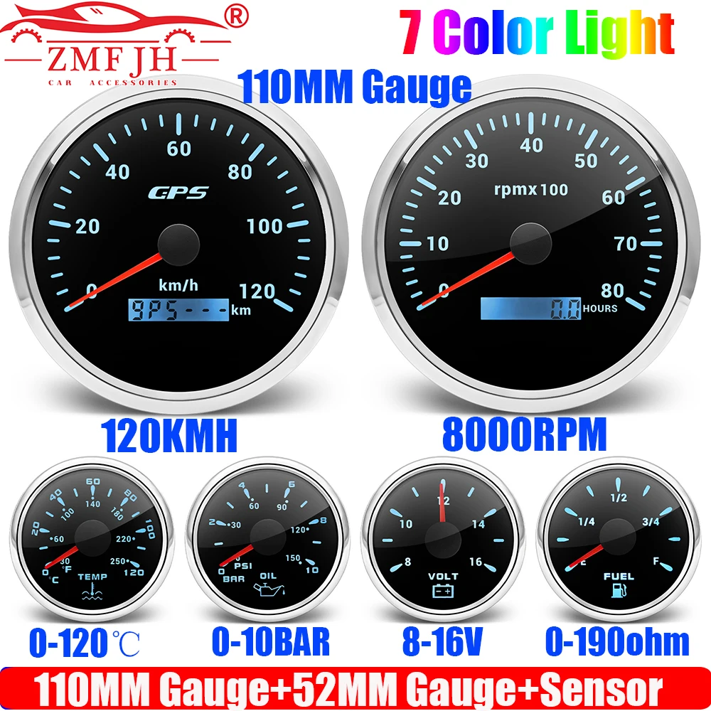

Комплект из 6 датчиков ZMFJH с 7-цветной подсветкой, GPS-спидометр 110 мм, тахометр 52 мм, датчики температуры воды, давления масла, уровня топлива, вольтметр