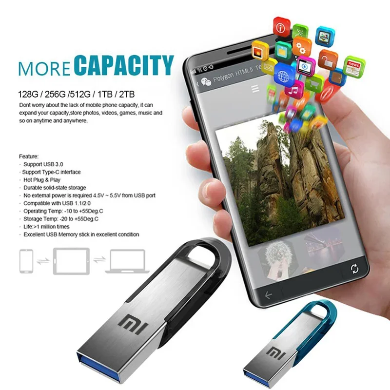 샤오미 펜 드라이브, USB 3.0 플래시 드라이브, 메모리 스틱, 방수 C타입 마이크로 USB 스틱, 비디오 카드 카메라, Ps Vita, 2TB