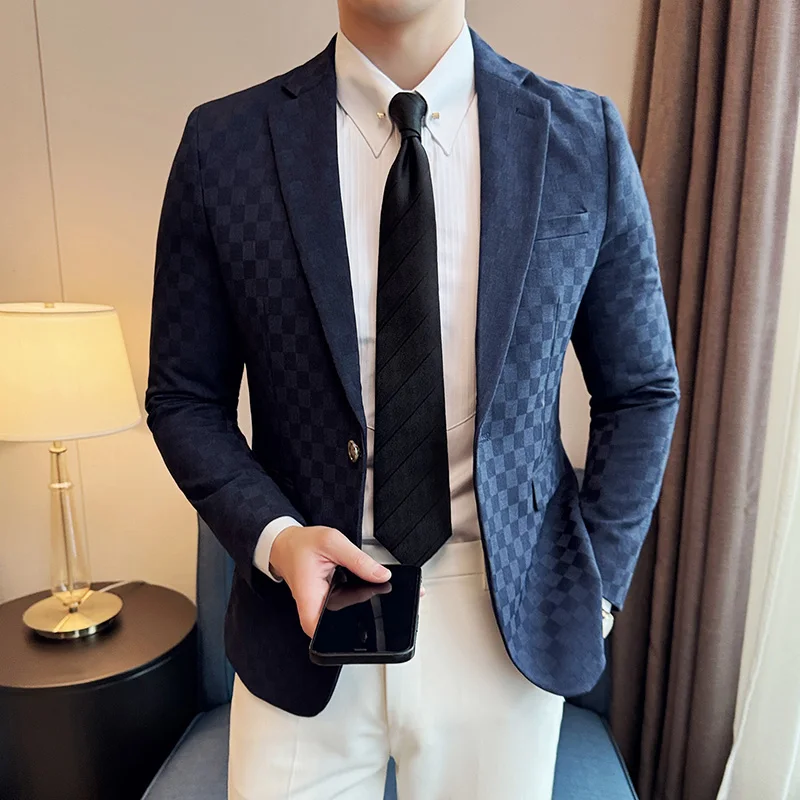 Blazers à carreaux à simple boutonnage pour hommes, veste trempée d\'affaires décontractée, mode mince, banquet social, robe de marié de mariage,