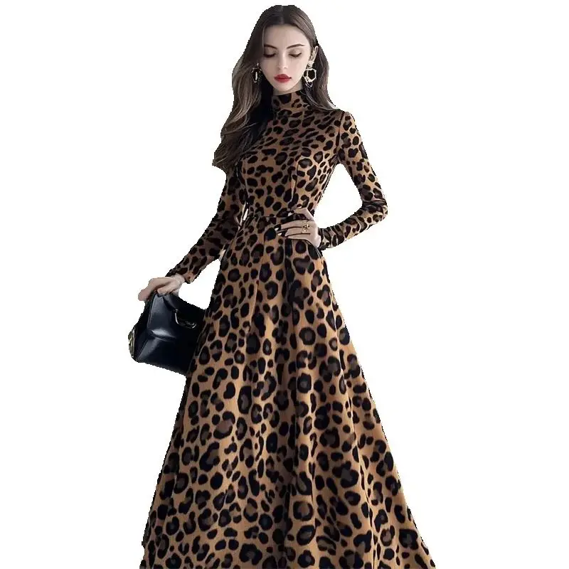 

Fashion Elegance Dress Women 2025 Spring Autumn New Leopard Print Dresses Female Long Sleeve Dress Tops Long Style Vestidos