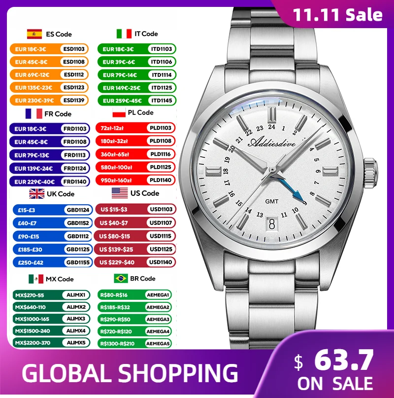 ADDIESDIVE AD2065 GMT Men's Watch Relogios Masculino Outdoor Stainless Steel Luminous Stainless Steel 100M Diving Quartz Watches