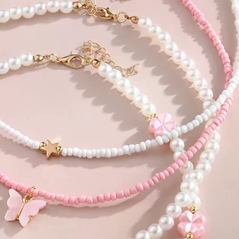 4pcs/Set Girls' Butterfly Heart Flower Pearl & Beaded Handmade Necklace Set Children Teen Friendship Best Gift For Friends