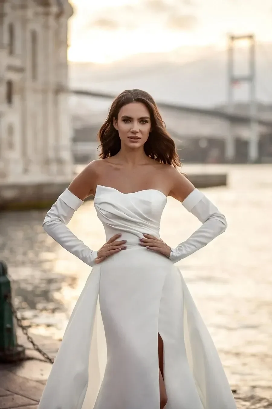 Robe de Mariée Sirène Vintage, Col Licou avec Traîne Détachable, Sans Bretelles, Manches Fendues sur le Côté, Jardin de Plage, Nouvelle Collection 2024