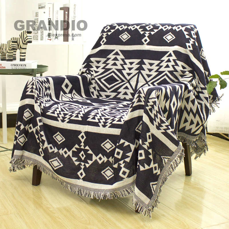 Double Sides Throw Blanket Black White Geometric Pattern Knitted Cotton 130x180cm Bed Spread Couch Covering Quilt Floor Carpet