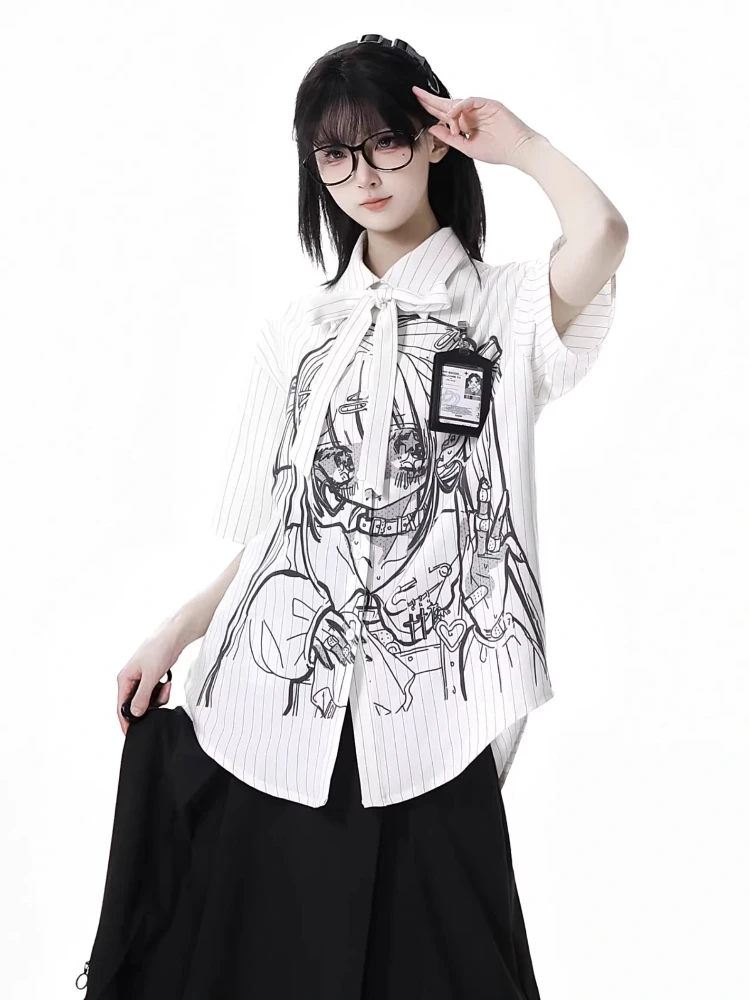 ADAgirl Harajuku Striped Short Sleeve Blouse for Teengirls Japanese Anime Print Shirt with Bow Summer Gothic Punk Cute Clothes