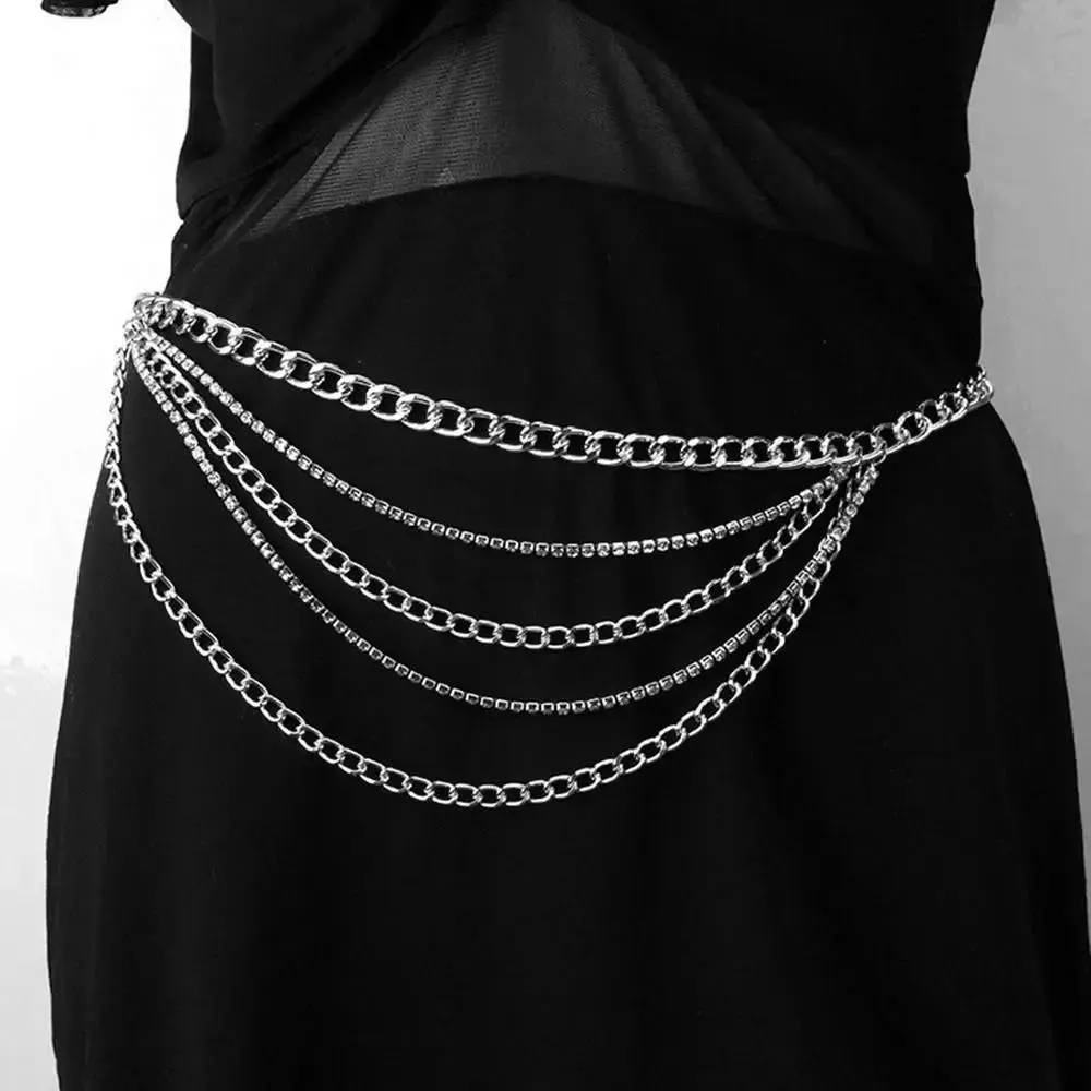 Fashion Metal Waist Chain Rhinestone Inlaid Multi Layer Design Body Chain Tassel Decor Adjustable Rhinestone Belt Party Wear