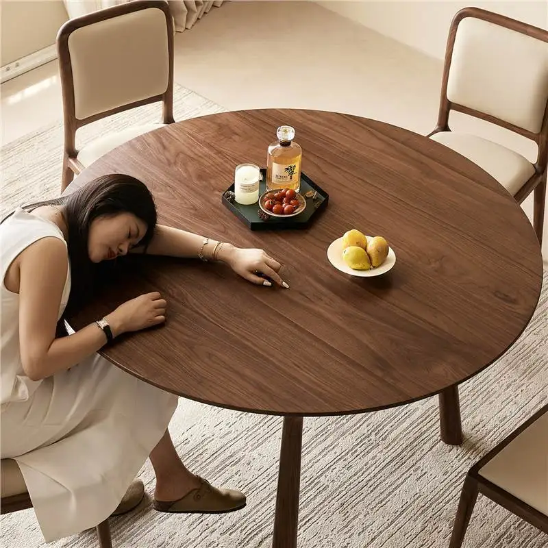 Black walnut round table, small apartment medium-ancient solid wood round dining table