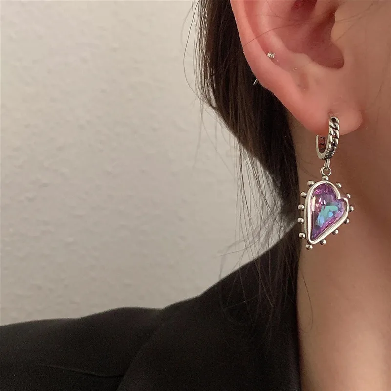 S925 Silver Plated Tassel Long Chain Vintage Crystal Heart Symmetrical Hoop Earrings For Women Fashion Jewelry Gift Party eh1007