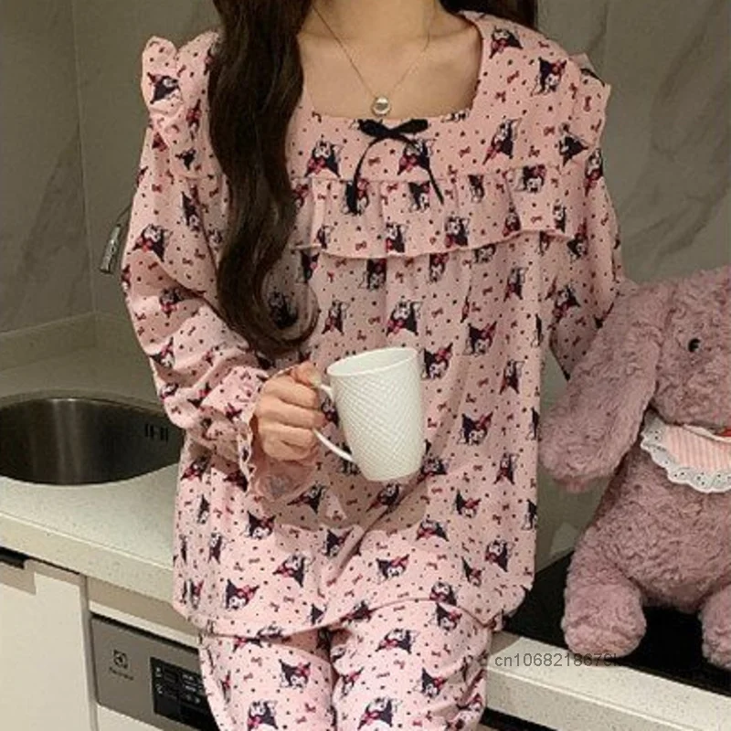 Sanrio Kuromi Sweet Lovely Style Lace Bow Pajamas Simple Design New Fashion Home Wear Spring Autumn Cute Cartoon Print Nightgown