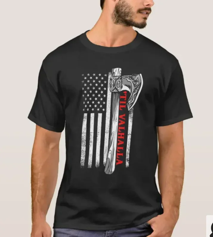 

Til Valhalla. Nordic Warrior Tomahawk USA Flag Patriotic T-Shirt 100% Cotton O-Neck Short Sleeve Casual Mens T-shirt Size S-3XL