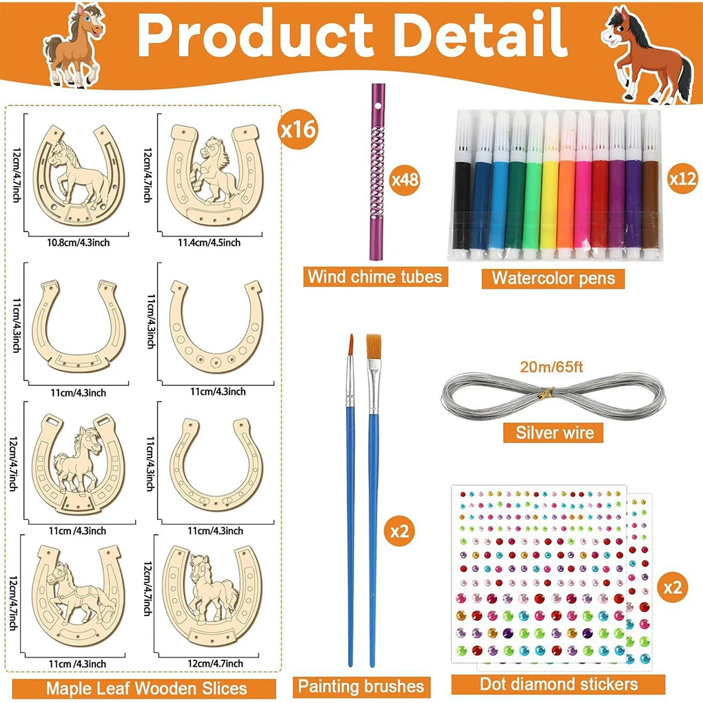 Kit de carrilhão de vento diy, carrilhão de vento de madeira, ferradura inacabado, conjunto de pingente para crianças, pintura