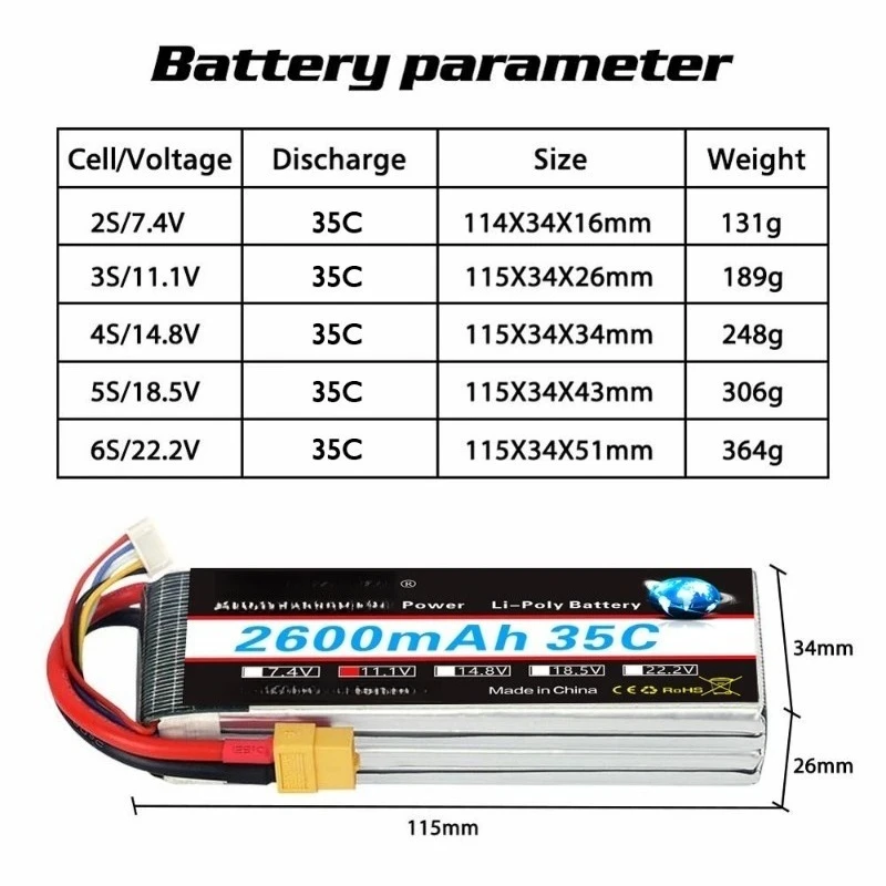 2S 3S 4S 5S 6S Lipo Battery 1500/2200/2600mah 35C with XT60 connector For rc car boat Quadcopter Helicopter trex-450 fpv drones