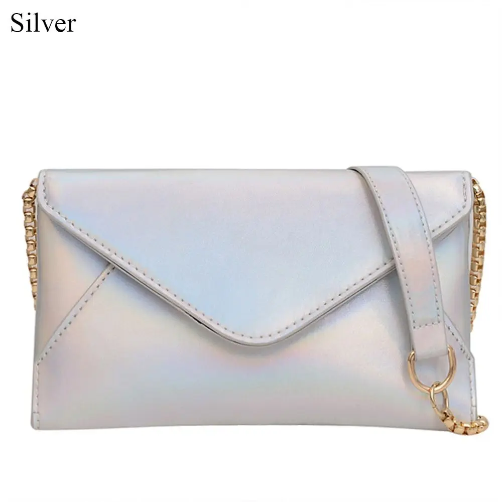 

Sparkling PU Leather Evening Shoulder Bag Solid Color Silver Envelope Handbag Chain Clutch Purse Wedding Party Prom