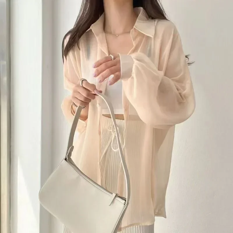 Women Shirts  Sun Proof Thin Shirt Chic Summer Simple Fashion Basic  White Korean Blouse Loose All Match Lazy Wind Tops