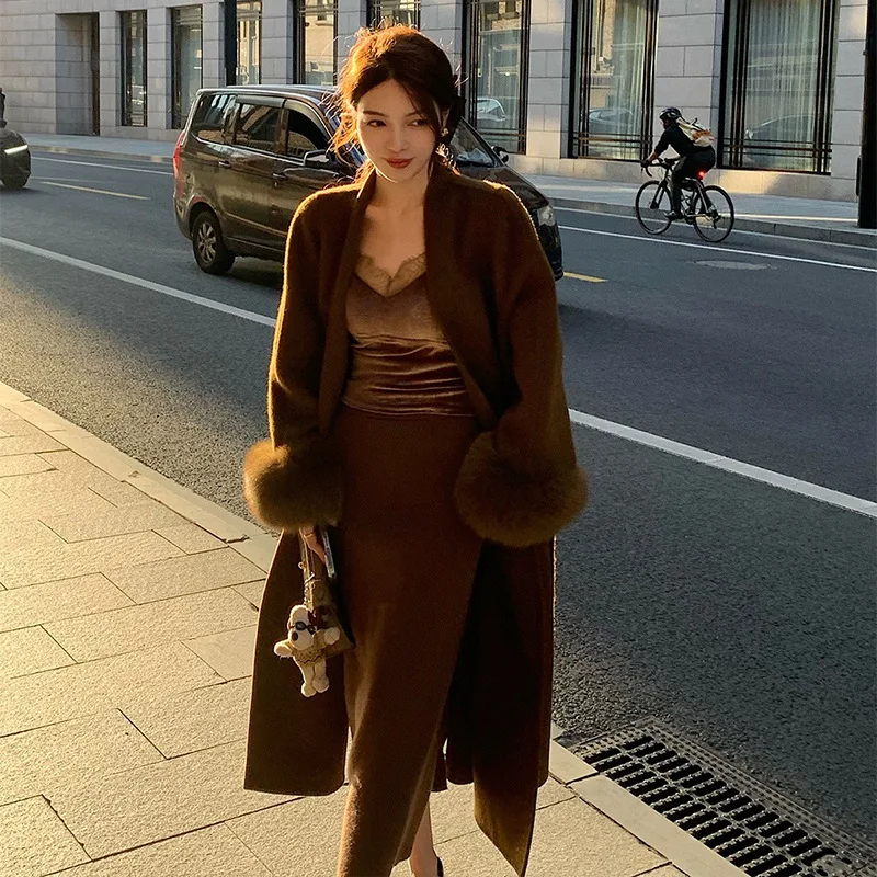 Mingyuanfeng Fox Hair Bathrobe Style Cashmere Cloth Women's New Long Double Sided Woolen Coat