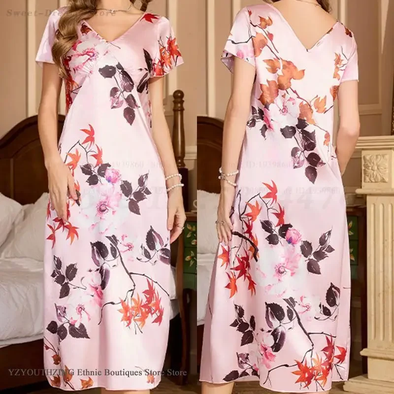 

Spring Summer Long Nightgown Home Dressing Gown Print Flower Nightdress Sleepwear Loose Casual Women Satin Loungewear Lingerie
